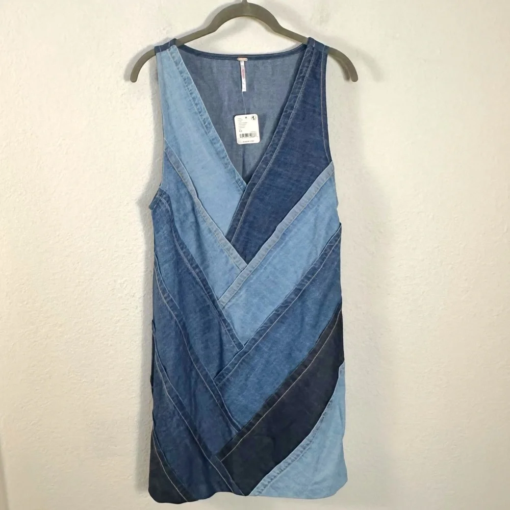 Free People Bohemian 70s Patches Of Denim Mini Dress XS NWT Patchwork Fall Retro - Picture 11 of 16